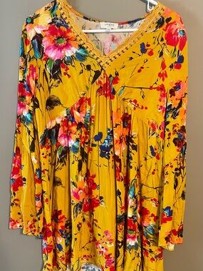 Umgee Mustard Floral Midi Dress with Lace V-Neck